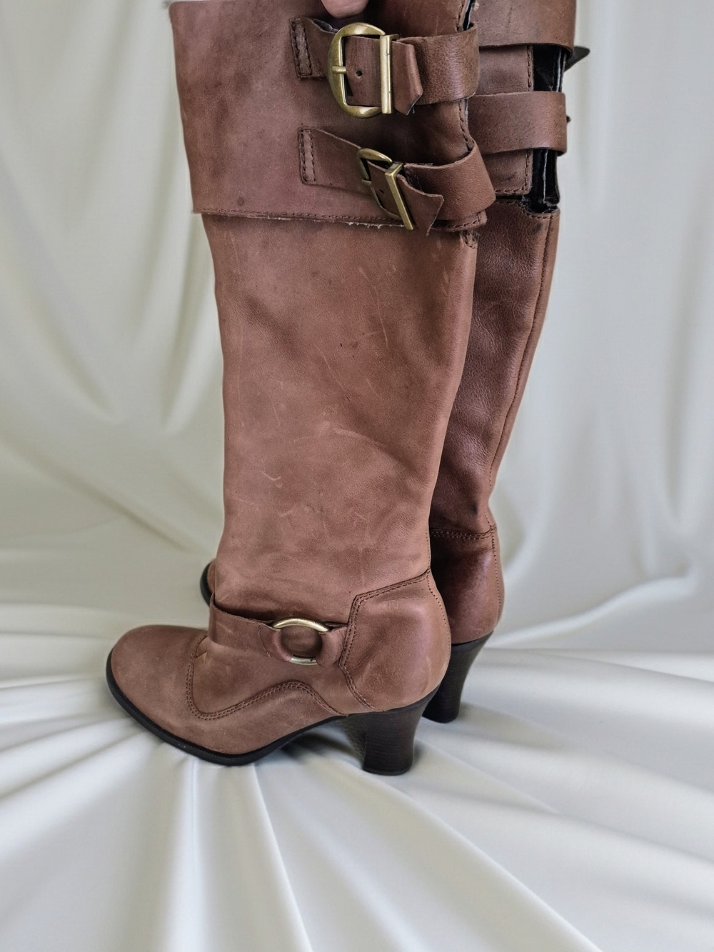 Women's Brown Buckle High Knee Learher Riding Boots